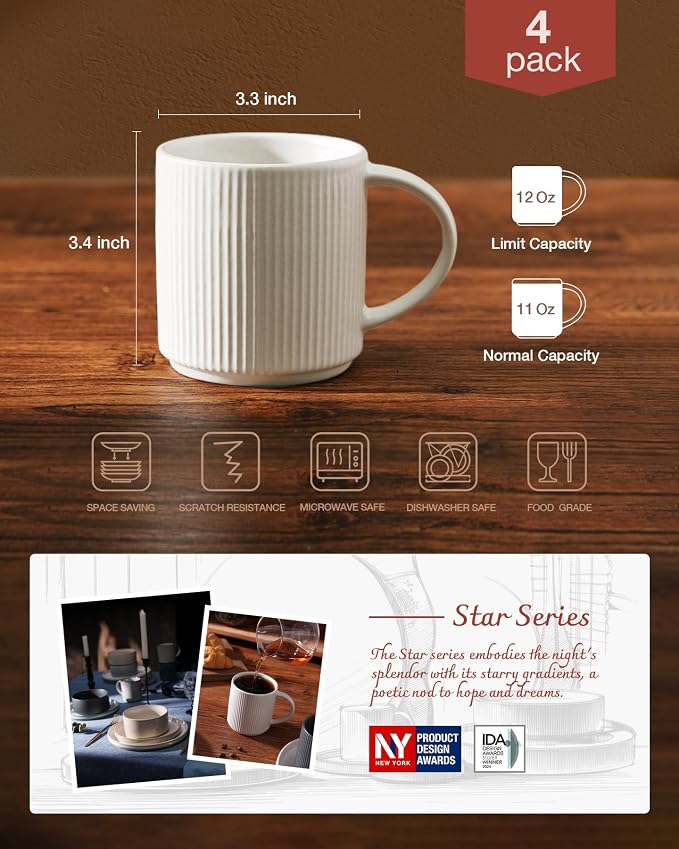 famiware Coffee Mug Set for 4, Star 12 oz Catering Mugs Cup Set with Handle for Coffee, Tea, Cocoa, Milk - Ceramic Stoneware Drinkware Set, Matte White