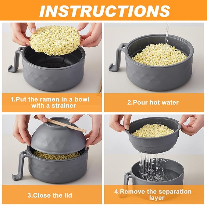 2 Sets Microwave Ramen Bowl 40 oz Wheat Fiber Portable Instant Noodle Cooker Bowl with Handles Strainer Spoon Chopstick Fork College Dorm Room Apartment Essentials(Gray,Black)