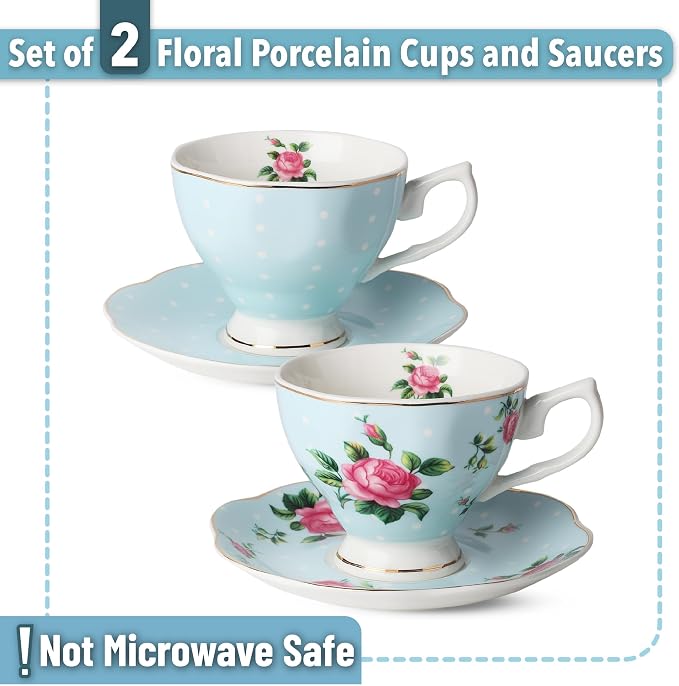 BTaT- Floral Tea Cups and Saucers, Set of 2, 8 oz, Fine Porcelain Teacup Set with Gold Trim for Afternoon Tea, Weddings, Parties & Gifting, Dishwasher Safe, Lightweight, Non-Toxic