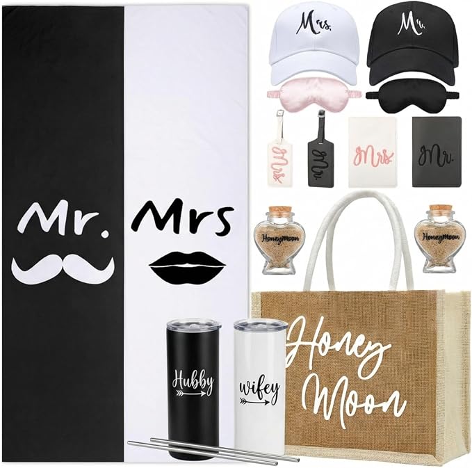 Rtteri 14 Pieces Wedding Gift Set for Couple - Mr & Mrs Honeymoon Gifts Include Wedding Towels, 20 oz Wine Tumbler, Hat, Passport Holder, Baggage Tag, Glass Bottle, Honeymoon Tote Bag
