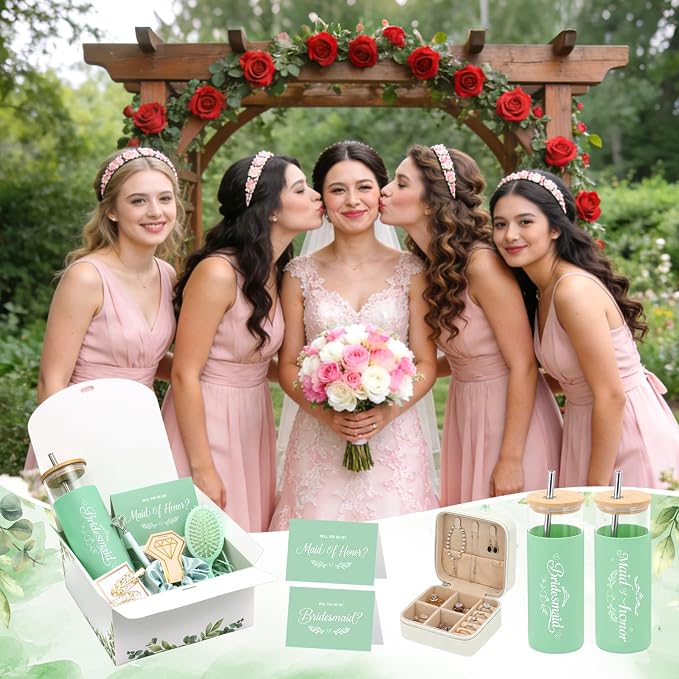 55 Pcs Bridesmaid Proposal Gifts of 6 Sets Maid of Honor Gifts Box Glass Cups Jewelry Box Scrunchies Hair Clips Pen and Invited Cards for Bachelorette Bridal Shower Wedding Party (Green, 6 Set)