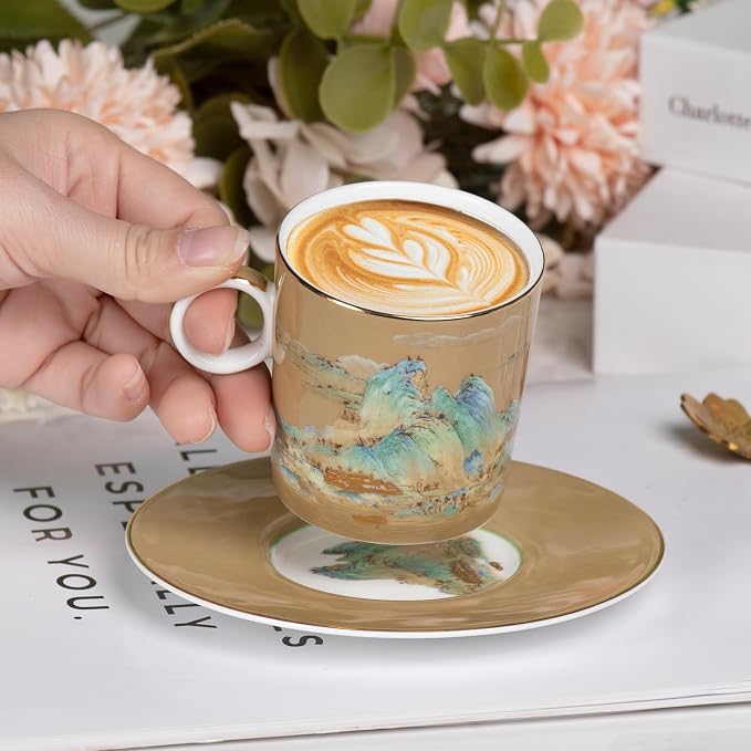 KAMMAK Tea Cups and Saucers Set of 2, Porcelain Coffee Cups, Stackable Espresso Mugs, Ceramic Demitasse for Coffee, Cappuccino, Latte, Americano, Tea, Small - River and Mountains