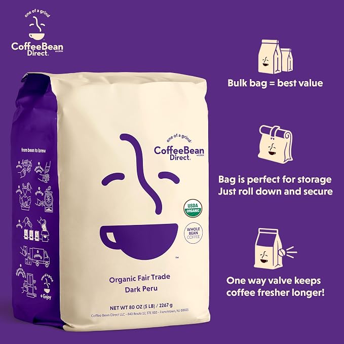 Coffee Bean Direct Organic Fair Trade Dark Peru, Whole Bean Coffee, Arabica Coffee, Dark Roast, 5 Pound Bag (Pack of 1)