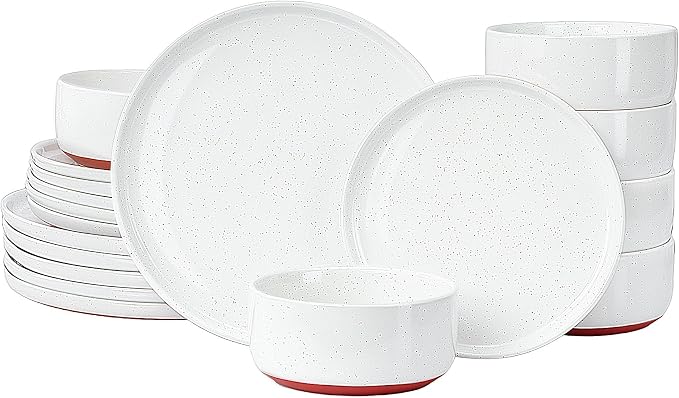 GZG Modern Art Series - 18 Pcs Speckled Stoneware Plates and Bowls Sets, Ceramic Dinnerware Set with Rustic Terracotta Underside, Microwave and Dishwasher Safe Handcrafted Dishes Set - Porcelain White