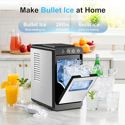 Kismile Ice Maker Countertop, 26Lbs/24H Ice Maker with 2 Sizes Bullet Ice, Interior Light, Self-Cleaning, Fast 8 Cubes in 6 Mins, Compact Ice Maker for Kitchen, RV, Personal Use, Stainless Steel