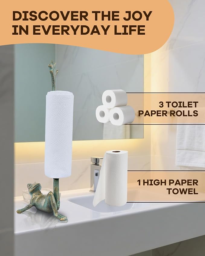 16.5" Golden-Green Frog Paper Towel Holder for Bathroom & Kitchen - Whimsical Cast Iron Free Standing Paper Roll Holder, Decorative Toilet Paper Stand with Weighted Base