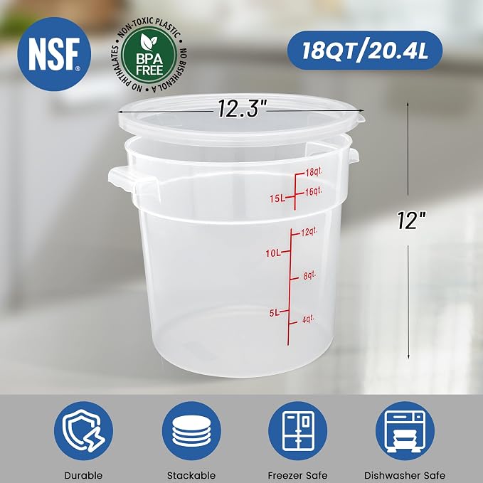 4 Pack 18QT Round Food Storage Containers with Lids | NSF, BPA-free PP containers with scale, label and measuring cup, stackable for prep, storage, freezer. Dishwasher safe
