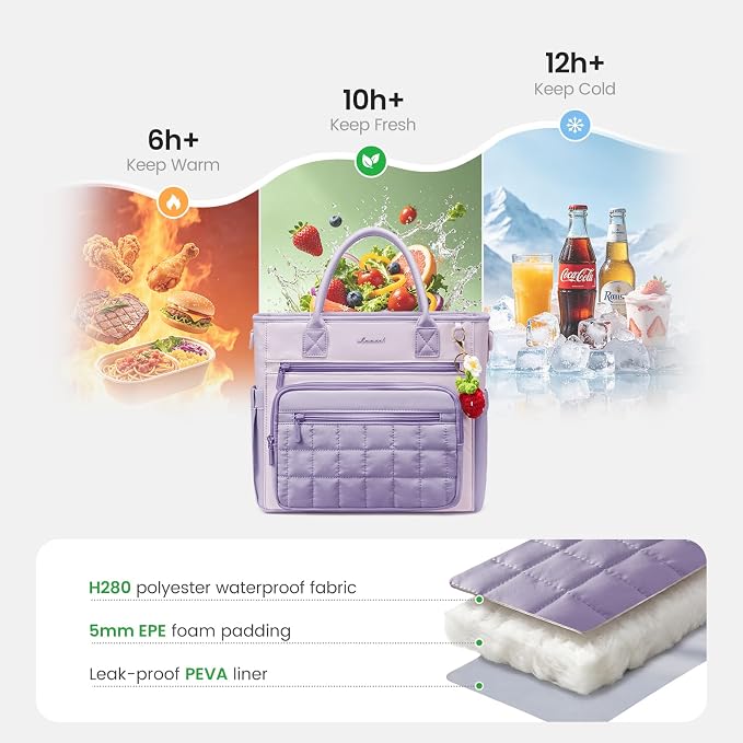 LOVEVOOK Insulated Lunch Bag Women,Puffer Adult Lunch Box for Women with Handmade Strawberry Charm,Wide Opening Leakproof Cooler Bag with Cup Holder for Work Picnic Beach Family College Mom Teacher
