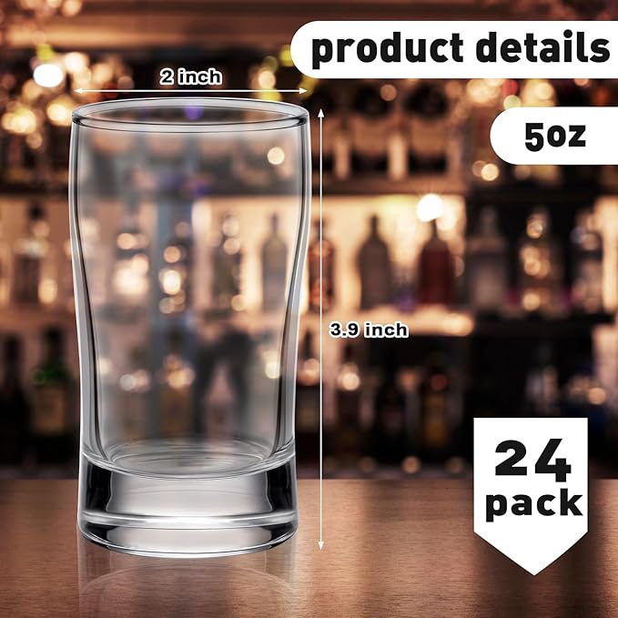 Bokon 24 Pcs Beer Glasses, Small Juice Glasses Cups Iced Tea Glasses Heavy Base Glassware Clear Glass Bulk Tumblers for Drinking Water Beer Milk Orange Juice Kids Breakfast (5 oz)