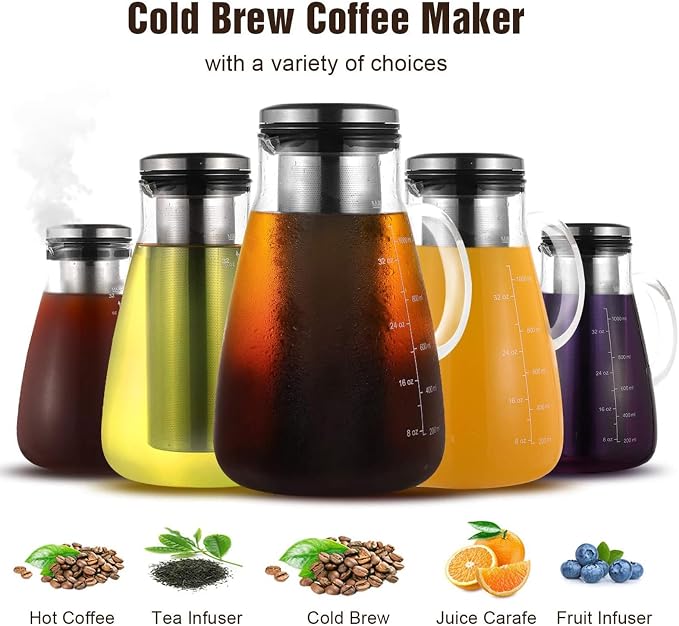 YMMIND Cold Brew Iced Coffee Maker 34oz, Brewed Coffee Pot with Removable Double Mesh 304 Stainless Steel Filter, BPA-Free Cold Brew Pitcher Glass Container, Tea Maker