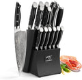 Damascus Kitchen Knife Set, 15-Piece Kitchen Knife Set with Block, ABS Ergonomic Handle for Chef Knife Set and Serrated Steak Knives Knife Sharpener and Kitchen Shears, 14 Slots Wooden Knife Block