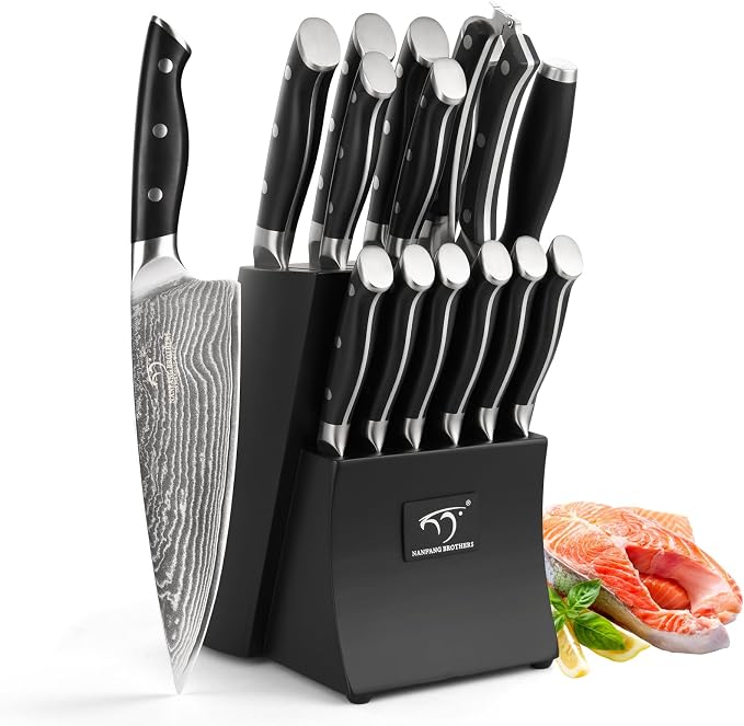Damascus Kitchen Knife Set, 15-Piece Kitchen Knife Set with Block, ABS Ergonomic Handle for Chef Knife Set and Serrated Steak Knives Knife Sharpener and Kitchen Shears, 14 Slots Wooden Knife Block