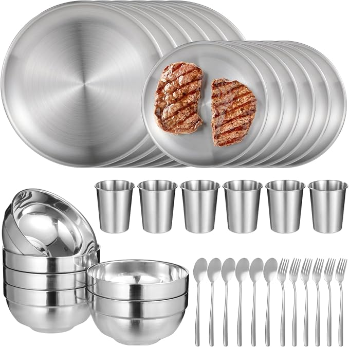 36 PCS Stainless Steel Dinnerware Set, Includes 12PCS 6.7 & 10.2 in Plates, 6 Pieces Bowls and 6 Pieces Cups, Spoons, Forks, Food-Safe Mess Kit for Home Kitchen, Camping, Picnic, Silver (Silver-C)