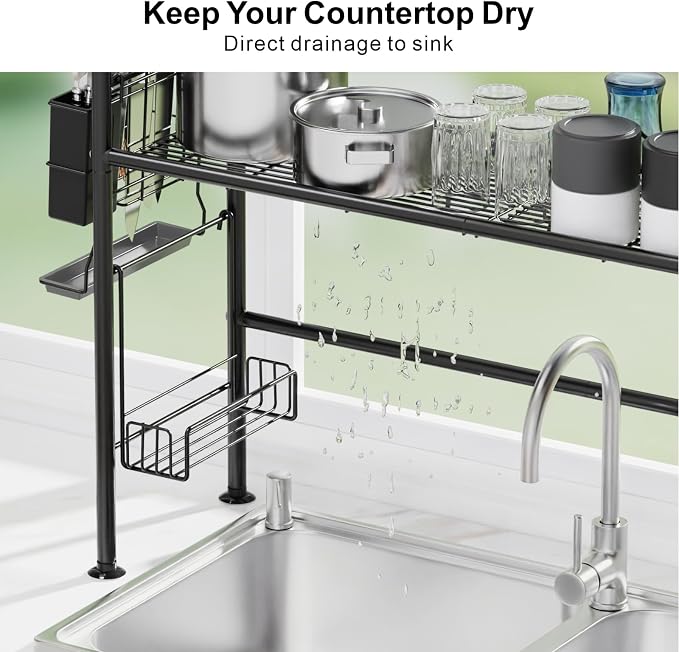 GSlife Over The Sink Dish Drying Rack, 2 Tier Above Sink Dish Drainer Drying Rack with Utensil Holder for Kitchen Counter, Rustproof Kitchen Plate Organizer, Black