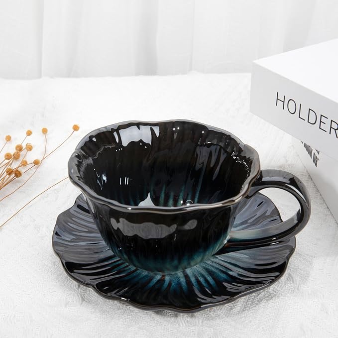 Cappuccino Cup with Saucer Set,Ceramic Latte Cup,Espresso Coffee Tea Mug for Home Kitchen Office Coffee Bar (Blue)