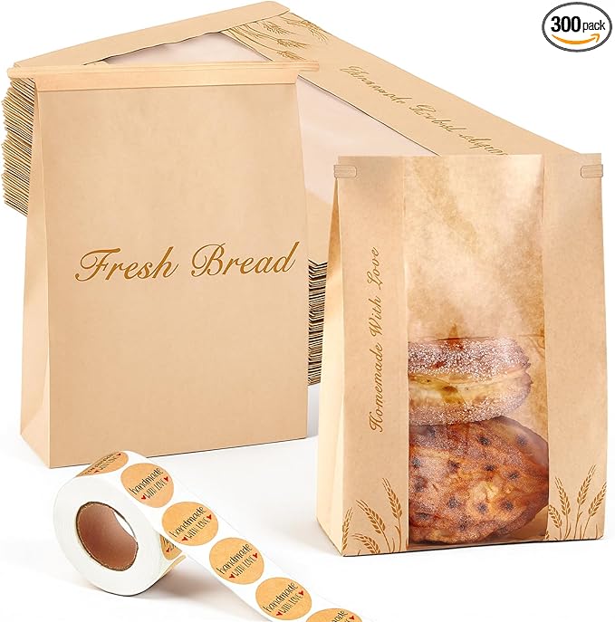 Honoson 300 Pcs Large Paper Bread Bags for Homemade Gift Giving, Sourdough Bread Bags with Window, Bakery Storage Tin Tie Tab Lock Cookie Packaging with Label Seal Stickers (Bright Style)