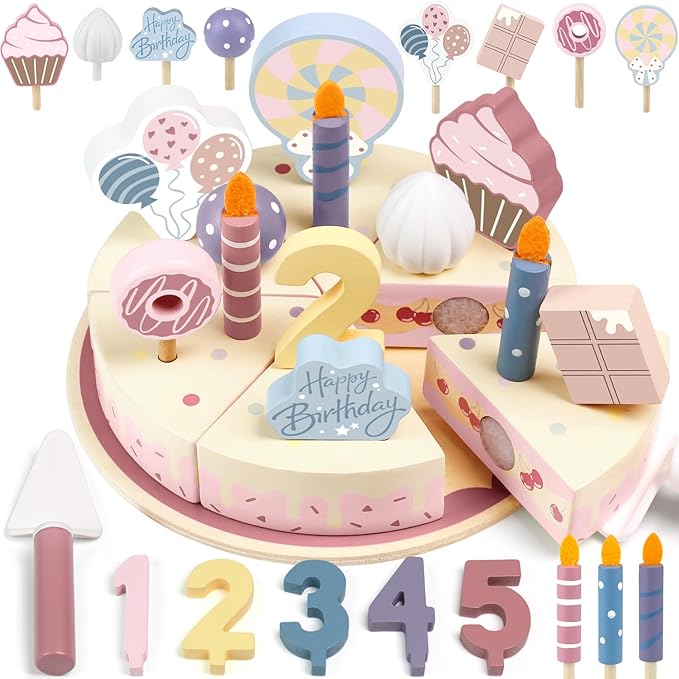 Wooden Birthday Party Cake Play Food Sets for Toddler 3 4 5 Year Old Girls Boys Kids Kitchen Accessories Pretend Play Toy Gift Educational Toys