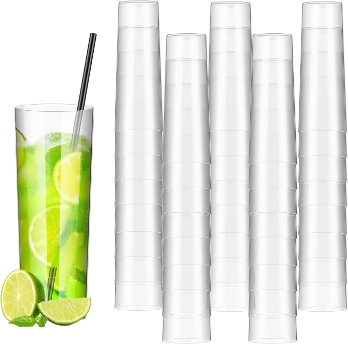 Plastic Highball Glasses with Straws(Set of 96), 9 oz Shatterproof Drinking Cups, Tall Whiskey Collins Glass with Straws, Smoothie Tumbler Mojito Cocktail Cups for Wedding Fall Xmas Party