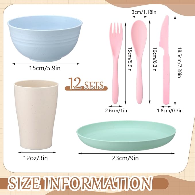 Zhehao 72 Pcs Wheat Straw Dinnerware Sets for 12 Dishwasher Microwave Safe Unbreakable Reusable Kitchen Cups, Plates, Bowls Cultery Sets for Patio, Outdoors, Rv, Camping Dishes(Macaron)