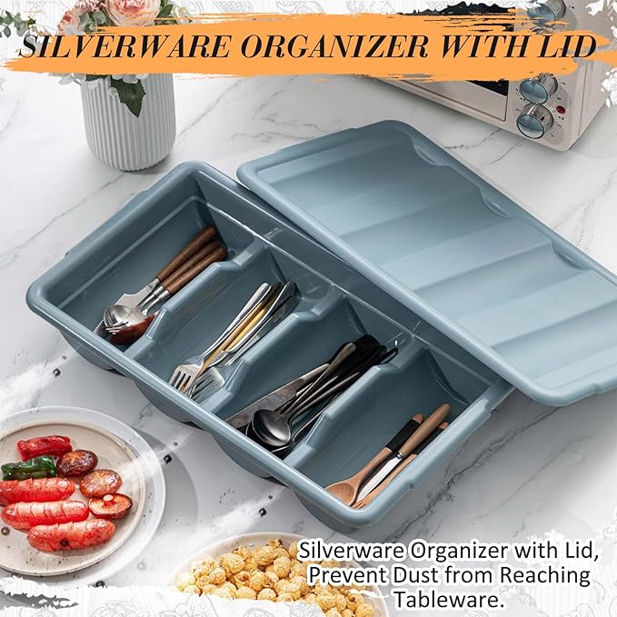 Maxdot 3 Pcs 20.5 x 11.9 x 3.7 Inch Silverware Organizer with Lid, Commercial 4-compartment Restaurant Kitchen Cutlery Tray, Plastic Silverware Storage Container, Condiments Holder (Grayish Blue)