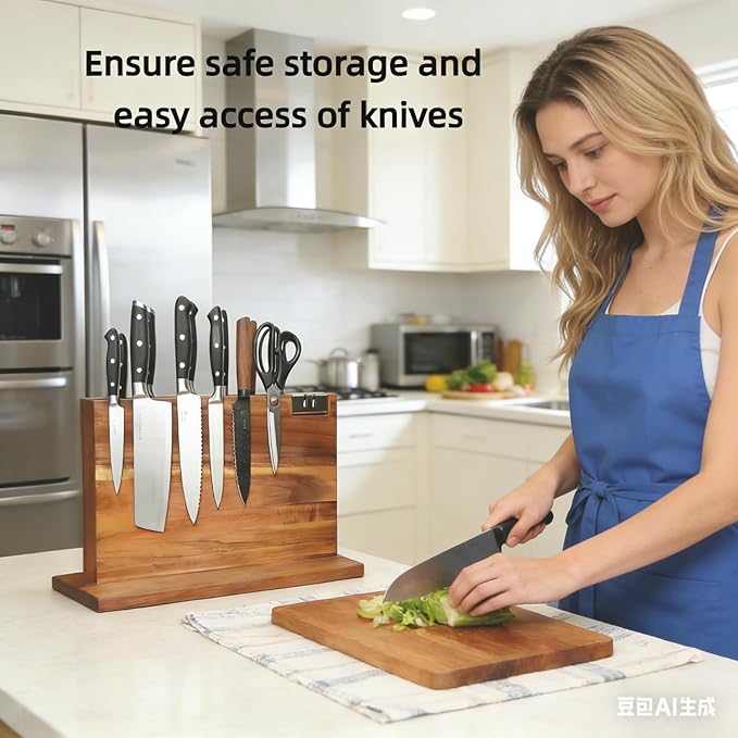 kitchen knife magnetic holder, Double Sided Universal magnetic knife block Rack for Kitchen Counter, Acacia Wood Magnetic Knife Storage Stand with Knife Sharpener,14.5 x 10.8Inches