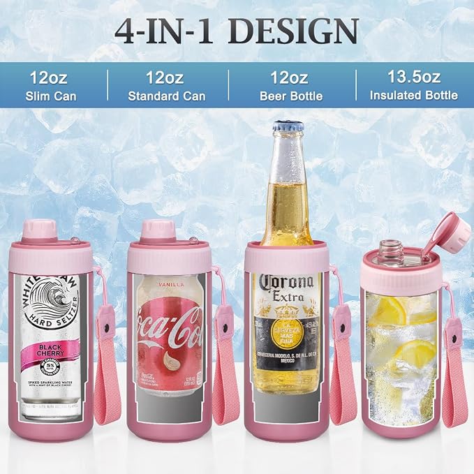 MAXSO Sealed Can Cooler Fizz Lid Can Cover for 12 oz Regular, Slim Skinny Cans & As Thermal Bottle, 4-in-1 Insulated Vacuum Stainless Steel Carbonated Cold Drink Holder - Rose Pink