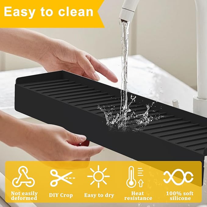 Silicone Sink Edge Protectors - Multifunction Accessories, Splash Guard & Draining Mat for Kitchen, Bathroom Sink, Steel, Granite, Quartz Countertops (Black, 4 * 14in)