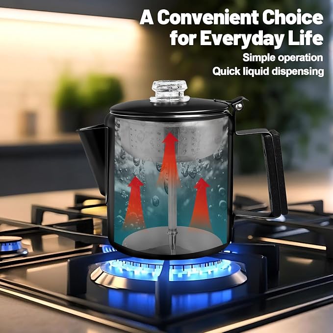 6 Cup Percolator 304 Stainless Steel Coffee Pot Coffee Maker Coffee Machine with Solid Wood Handle Transparent Knob Stovetop Greca Mocha for Induction Home and Camping 1000ml 33.8oz Black