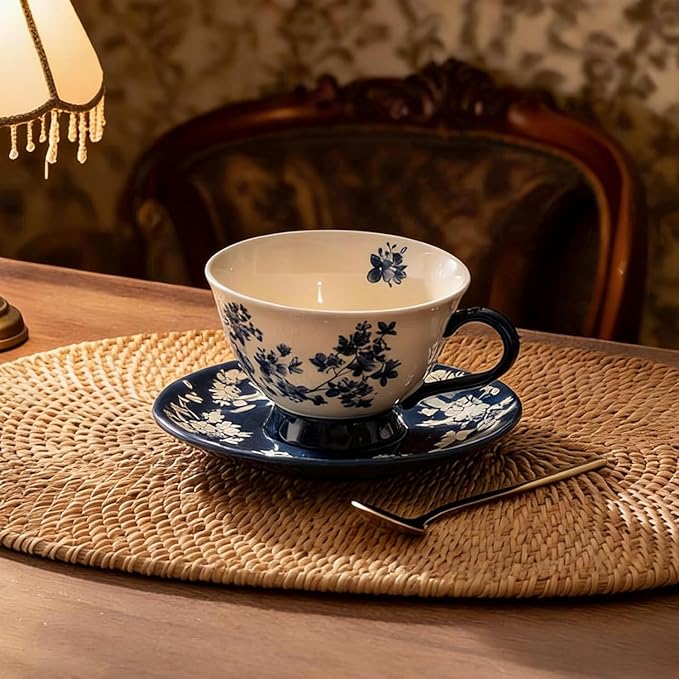 fanquare Vintage Silhouette Flowers Tea Cup and Saucer, 7 oz Blue and Beige Porcelain Coffee Cup, Large Teacups for Women Home Wedding