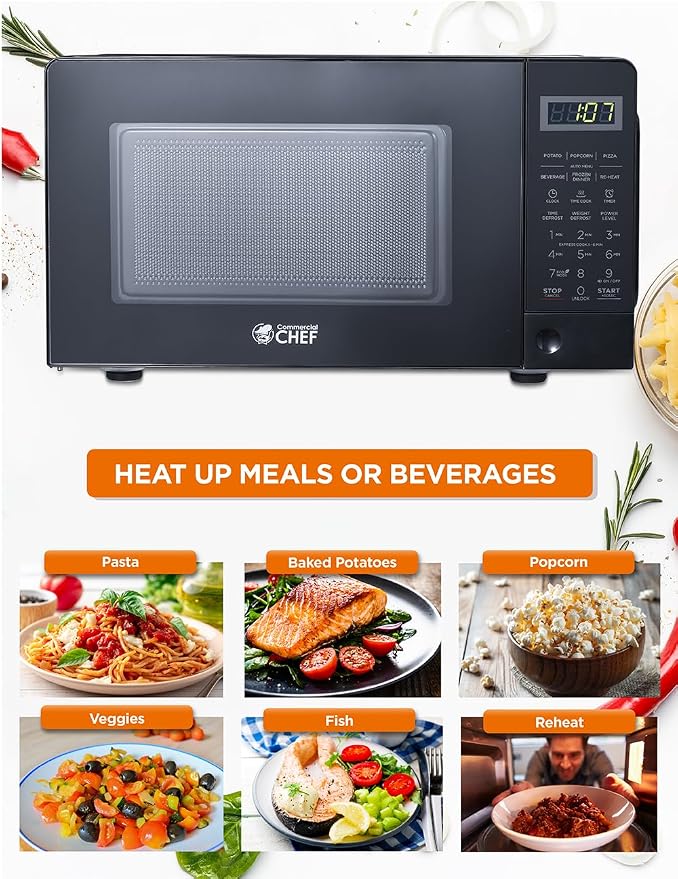COMMERCIAL CHEF 0.7 Cubic Foot Microwave with 10 Power Levels, Small Microwave with Pull Handle, 700W Countertop Microwave up to 99 Minute Timer and Digital Display, Black