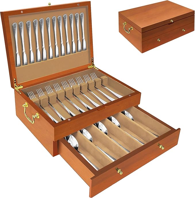 Silverware Storage Box Solid Wood with Lid, Silverware Organizer with Handle and Felt Lined, Silverware Storage Chest for Flatware and Utensils Home Decor Gift, Chest for Flatware (Oak, 2 Layer)