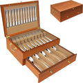 Silverware Storage Box Solid Wood with Lid, Silverware Organizer with Handle and Felt Lined, Silverware Storage Chest for Flatware and Utensils Home Decor Gift, Chest for Flatware (Oak, 2 Layer)