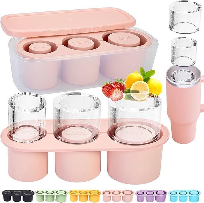 1pc Tumbler Ice Tray for Stanley/Yeti/Simple Modern etc. 40oz Tumblers, Silicone Ice Cube Tray for Tumblers with Bin and Lid, Pink