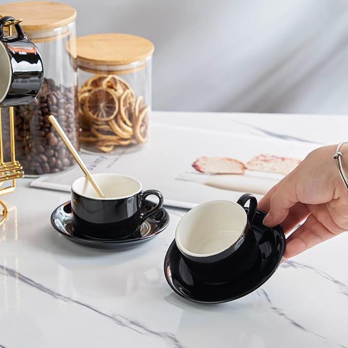 YOLIFE Espresso Cups with Saucers Set and Gold Metal Stand, 2.5oz Expresso Shots Cup with Stand & Saucers, Ceramic Coffee Espresso Cups Set of 6, Black