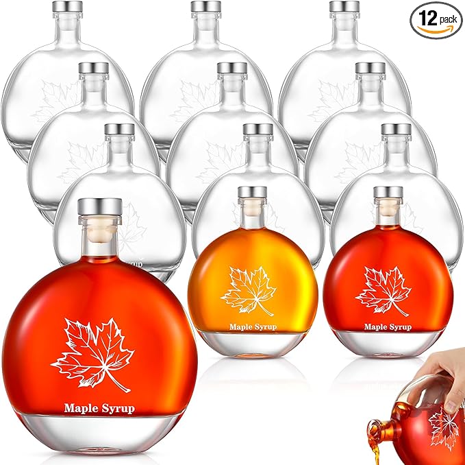 Maxdot 12 Pcs 8oz Glass Maple Syrup Bottles Clear Reusable Glass Bottles with Lids Loop Handle and Maple Syrup Stickers bottle Container for Milk Potion Juice Sauce Oil Storage Gift