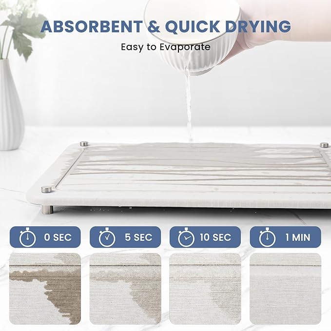 Stone Dish Drying Mats for Kitchen Counter 15.7"x 11.8" Quick Dry Stone Drying Mat Super Absorbent Diatomaceous Earth Drying Mat with 4 Non-Slip Stainless Steel Feet for Dishes&Cups Grayish White