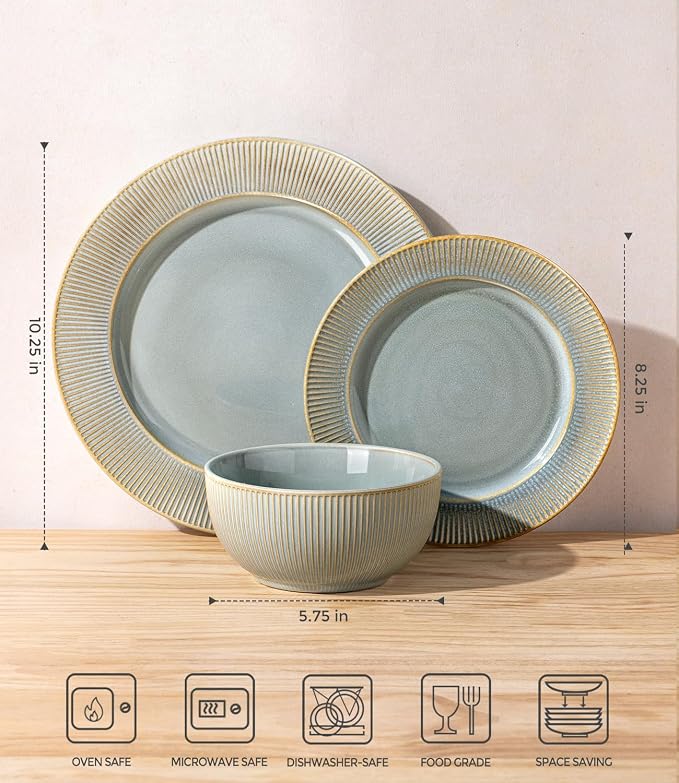 TheTerra Stoneware Dinnerware Sets for 4, 12 Pieces Ceramic Plates and Bowls Sets, Scratch Resistant Embossed Dish Set, Oven, Microwave & Dishwasher Safe, Desert Sage
