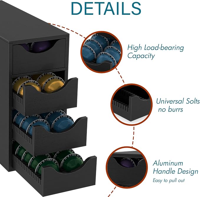 Suli Coffee Pod Holder, Coffee Capsule Storage Organizer, Save Space Coffee Pod Organizer for Countertop, Extra Large Storage Rack with Drawer, 4 Tier,104 Pods,Wood,Black