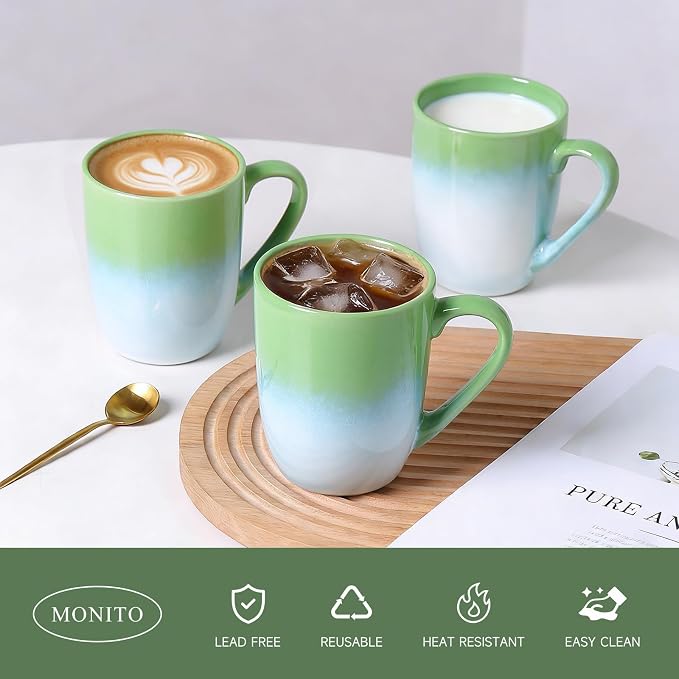 MONITO 14 OZ Coffee Mugs Set of 4, Large Ceramic Blue Coffee Mugs Set with handle for Tea/Latte/Milk/Cocoa, Funny Tea Cups for Office and Home, Engagement Gifts. (White-green)