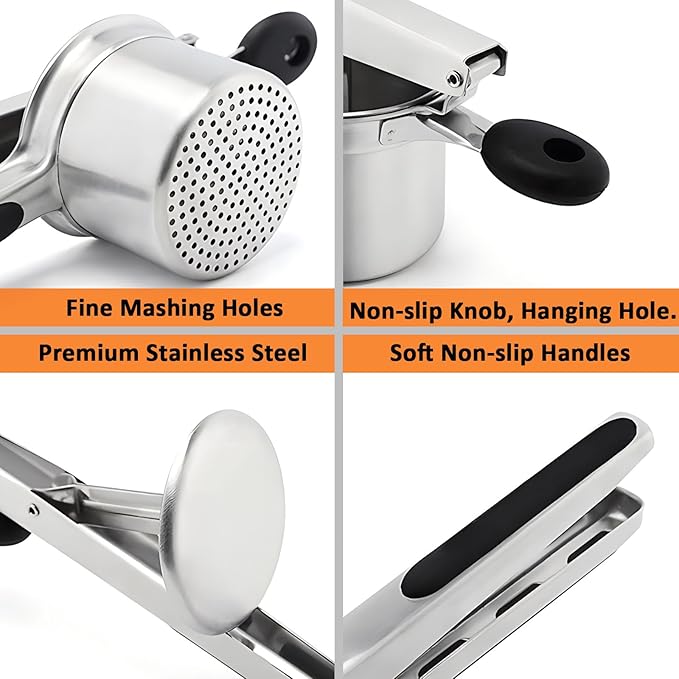 Large 15oz Potato Ricer, Stainless Steel Potato Masher and Ricer Kitchen Tool, Heavy Duty and Durable for Effortless Mashing - with Spoon and Fork Set