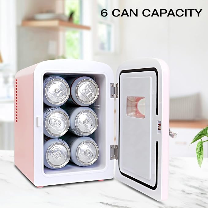 Koolatron Mini Fridge - Refrigerator for Bedroom, Office, Portable Table Top Beverage Cooler, 12V 110V Refrigerador for Drinks, Soda, Wine, Use in Car, Dorm, Outdoor, Patio, 6 Can