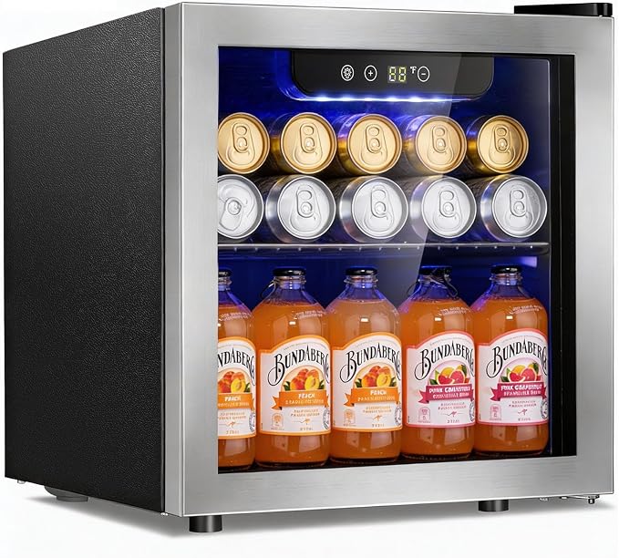 Antarctic Star 48 Can Beverage Refrigerator, 12 Bottle Mini Fridge with Seamless Stainless Steel Glass Door, Digital Temperature Display, Countertop Wine Cooler for Home Bar, Office, Kitchen, Silver
