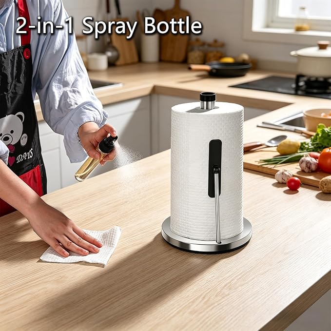DAWNER Standing Paper Towel Holder with Spray Bottle, Weighted Base with Suction Cups, Paper Towel Stand with Spring-Loaded Arm for Kitchen, Countertop, Stainless Steel Brushed Nickel Finish