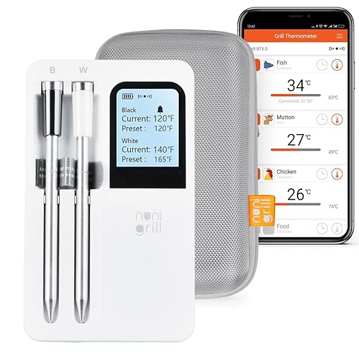 Smart Wireless Meat Thermometer- Digital Meat Thermometer for Smoker, Grilling & Oven Smartphone App Digital Meat Thermometer Wireless, 200ft Range, Rechargeable (Two Probes)