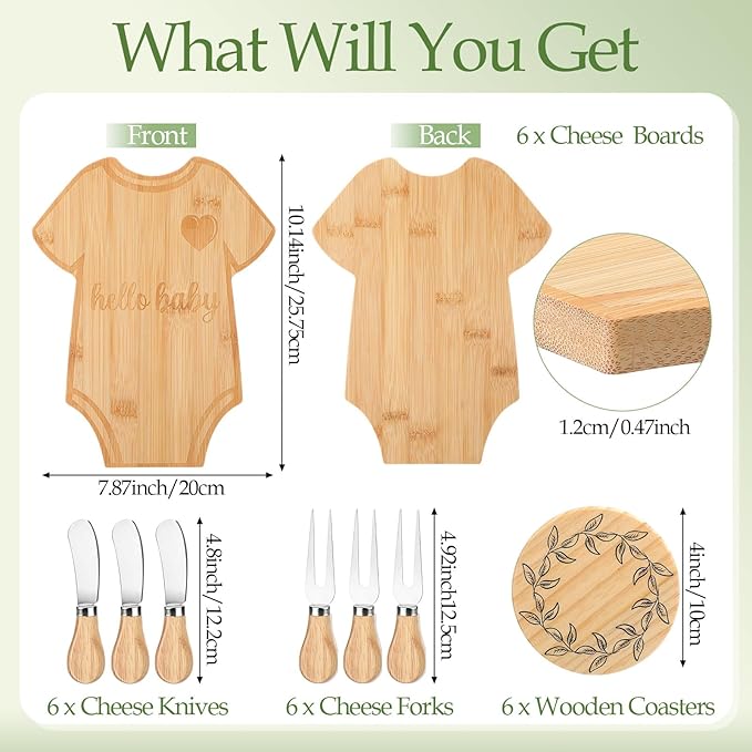 Honeydak 49 Pcs Baby Shower Prizes for Game Players 6 Sets Babysuit Shaped Bamboo Cheese Board Fork Knives Coasters Towel Potted Plant Thanks Card Gift Bag for Baby Bridal Shower Wedding Favors