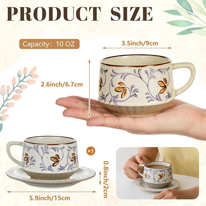 LemonRoad Vintage Tea Cup and Saucer Set, 10oz Porcelain Coffee Mugs with Saucer for Latte Mocha Cappuccino Ceramic Teacups for Housewarming Wedding Gifts Kitchen Table Decor
