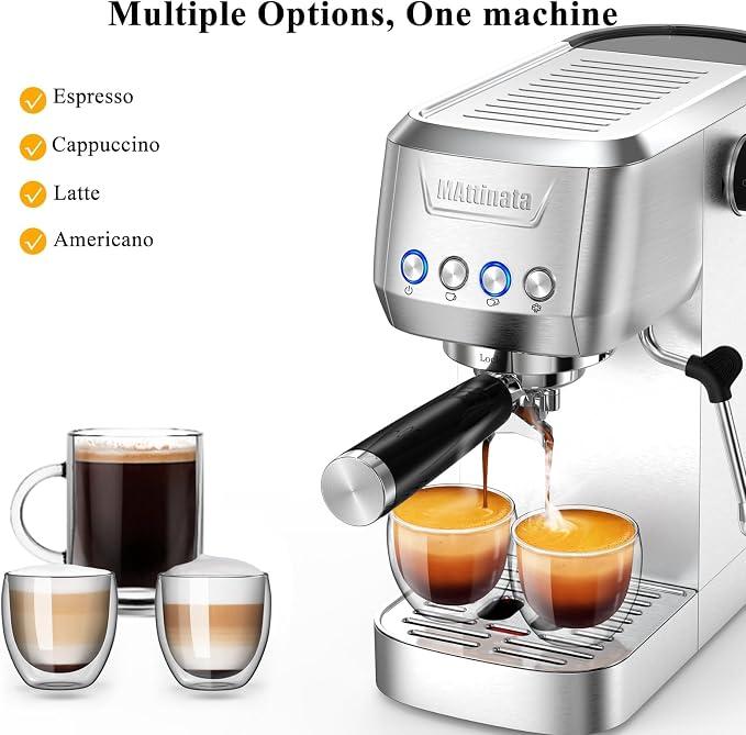 MAttinata Espresso Machine 20 Bar, Compact Espresso Maker with Milk Frother | Stainless Steel Coffee Maker, Italian Pump, Steam for Cappuccino Latte, Removable Water Tank, Small for Home, Silver