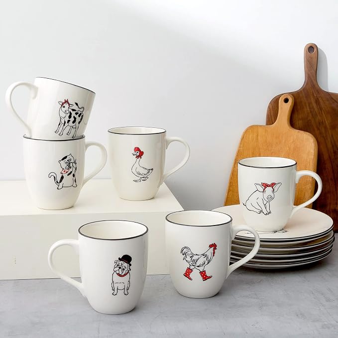 LEHAHA Farmhouse Coffee Mugs Set,16 OZ Animal Large Ceramic Mugs with Handle, Set of 6, Christmas Porcelain Cups for Coffee, Tea, Cocoa, Office and Home Use, Practical Gift, Assorted Design