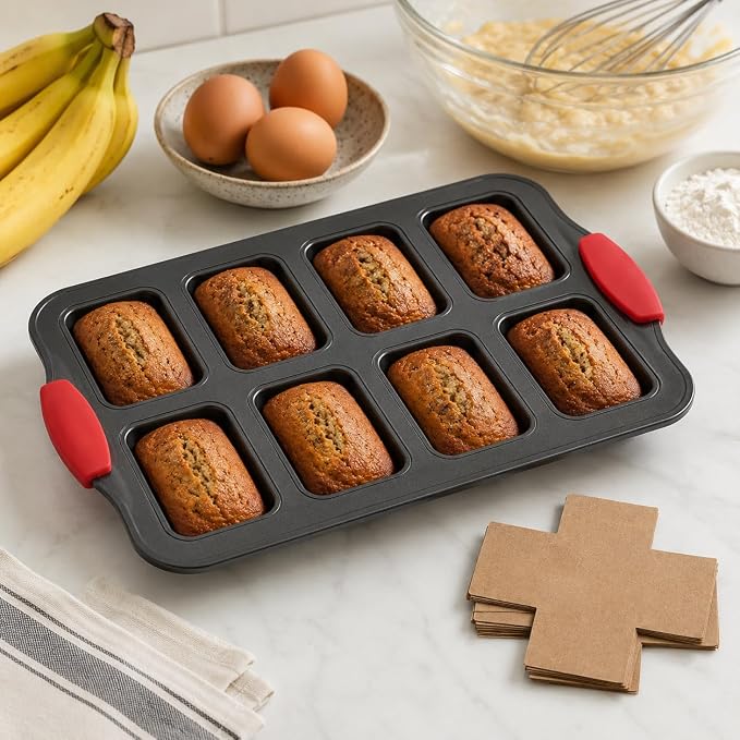 Mini Loaf Baking Pans, 2 Pack 8-Cavity Carbon Steel Banana Bread Pan and 100 Parchment Liners, Nonstick Mini Loaf Pan for Baking Bread, Cornbread, Brownies