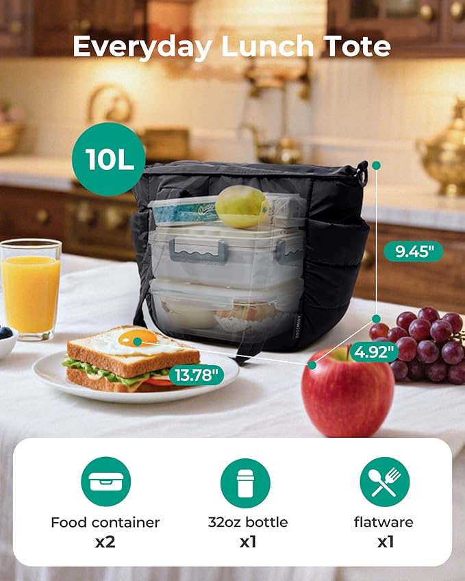 BAGSMART Lunch Bag Women Small Insulated Tote with Lunch Compartment Quilted Lightweight Puffy Tote Bag for Work, Travel, Outdoor, Crimson Purple